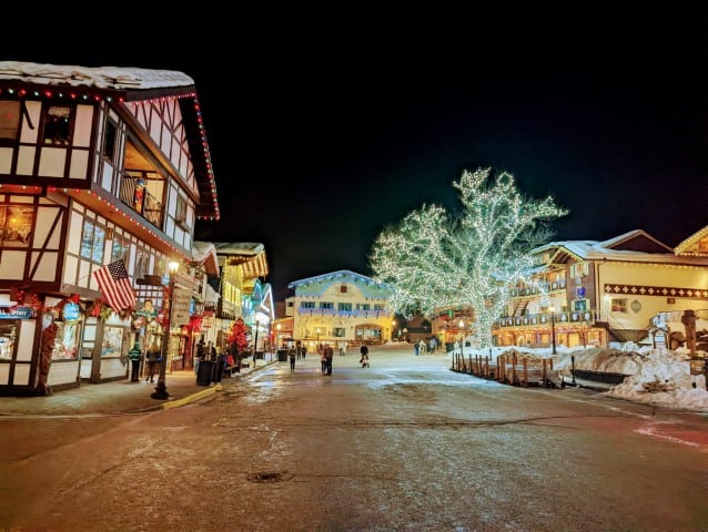 The streets of Leavenworth, WA, lit up for Christmas