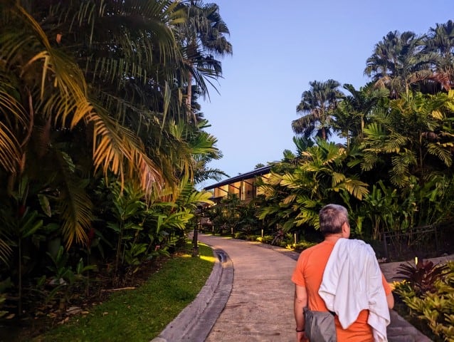 Tabacon Thermal Resort and spa. A man walks down a paved path surrounded by palm trees and green folliage