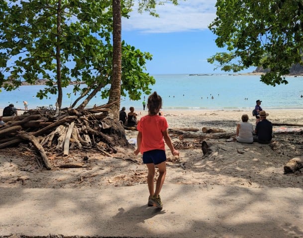 Child standing on the trail, looking at the water . The child is wearing coral top, and blue shorts with sneakers. 