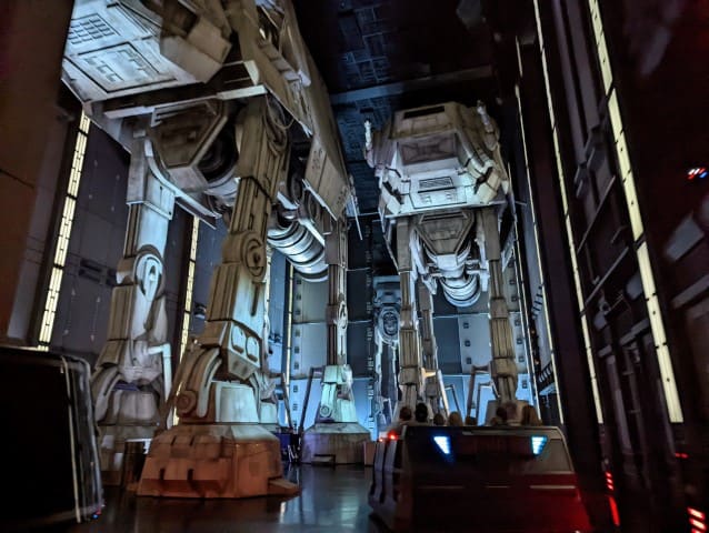 Rise of the Resistance Ride in Galaxy's Edge.  At/at's walk toward the camera