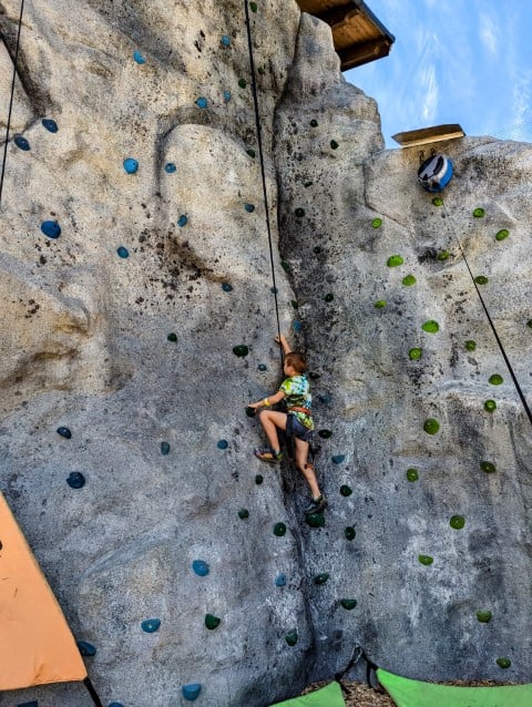 A child wearing a harness climbs up a rock climbing wall