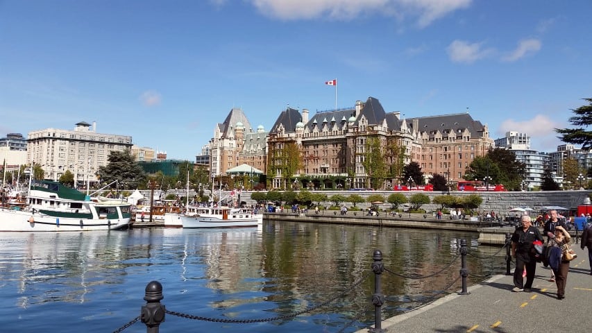 View of water and Fairmont Empress HOtel in Victoria, BC